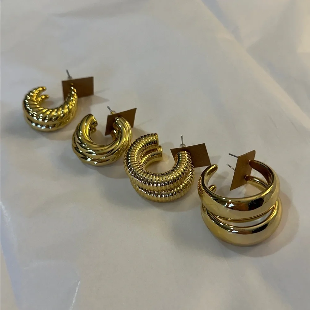 Chic Gold-Tone Textured Fashion Hoop Earrings Set of 4